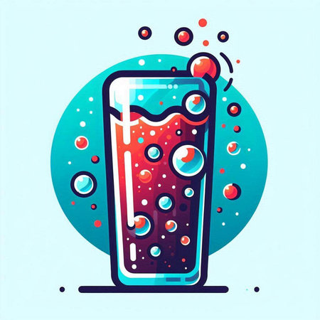 illustration of a glass of juice with bubbles on a blue backgroundのイラスト素材