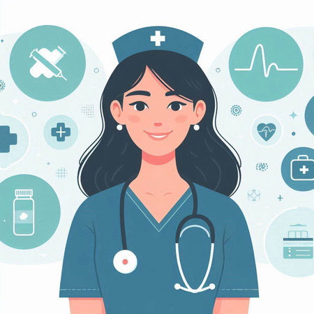 Young female doctor with stethoscope. Vector illustration in flat styleのイラスト素材