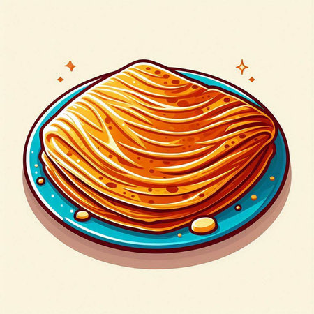 Illustration of a stack of pancakes on a blue plate. Vector illustration.のイラスト素材