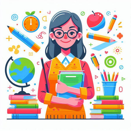 Schoolgirl with books, globe and pencils. Back to school. Vector illustrationのイラスト素材