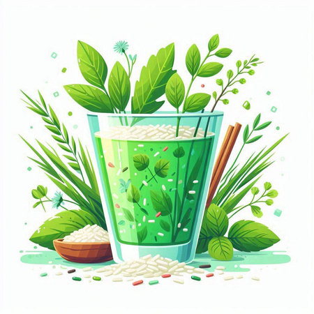 Green smoothie in a glass with herbs and spices. Vector illustration.のイラスト素材
