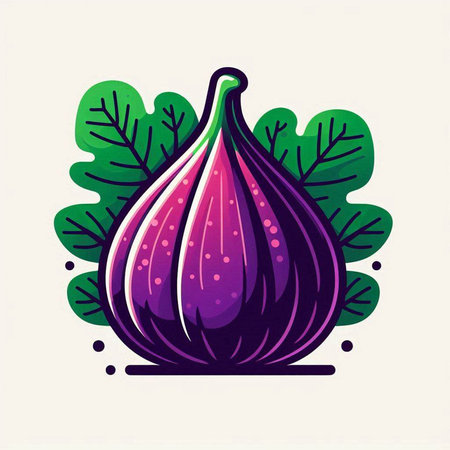 Illustration of purple fig with leaves on white background, vector illustrationのイラスト素材