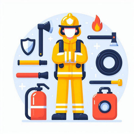 Firefighter character in uniform with fire extinguisher and equipment. Vector illustrationのイラスト素材