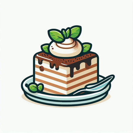 Chocolate cake with whipped cream and mint leaves. Vector illustration.のイラスト素材