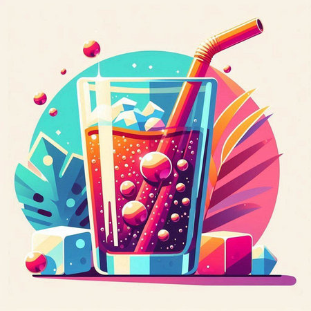 Refreshing cola drink with ice cubes and straw. Vector illustration.のイラスト素材