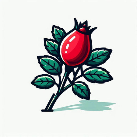 Rose hip with green leaves isolated on white background. Vector illustration.のイラスト素材