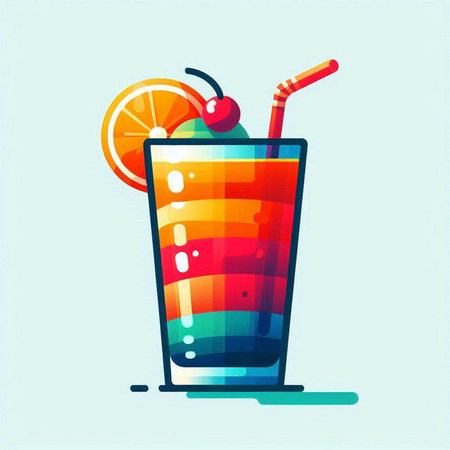 Cocktail vector illustration. Colorful cocktail with orange slice and straw.のイラスト素材