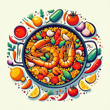 Seafood paella with shrimps, prawns, mussels and vegetables. Vector illustrationのイラスト素材