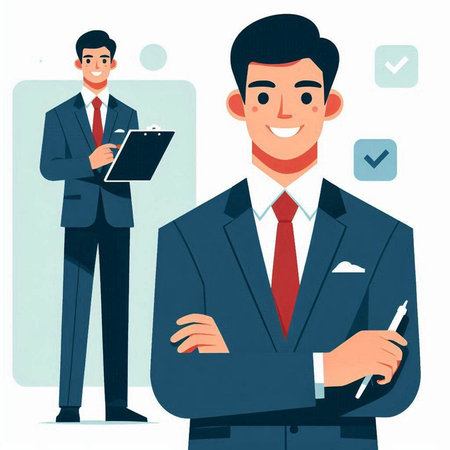 Businessman with clipboard and pen. Vector illustration in cartoon style.のイラスト素材