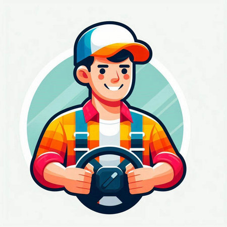 Auto mechanic with steering wheel. Vector illustration in flat cartoon style.のイラスト素材
