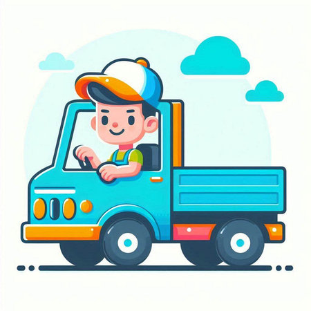 Cute little boy in a cap driving a toy truck. Vector illustrationのイラスト素材