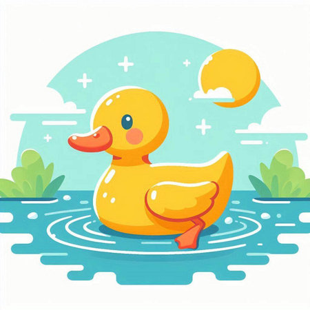 Vector illustration of a cute yellow rubber duck swimming in the water.のイラスト素材
