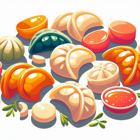 Illustration of Chinese steamed dumplings with various fillingsのイラスト素材