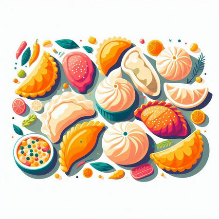 Vector illustration of Chinese traditional food. Gyoza, chinese bun, dumplings, mochi.のイラスト素材
