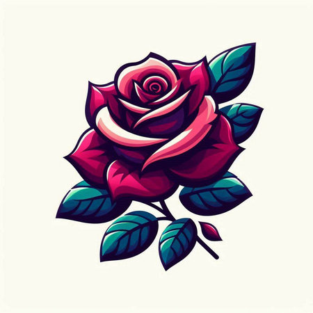 Red rose with green leaves on a white background. Vector illustration.のイラスト素材