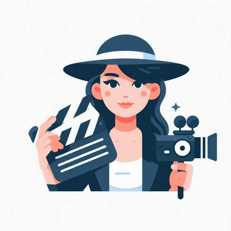 Cinema girl with video camera. Vector illustration in cartoon styleのイラスト素材