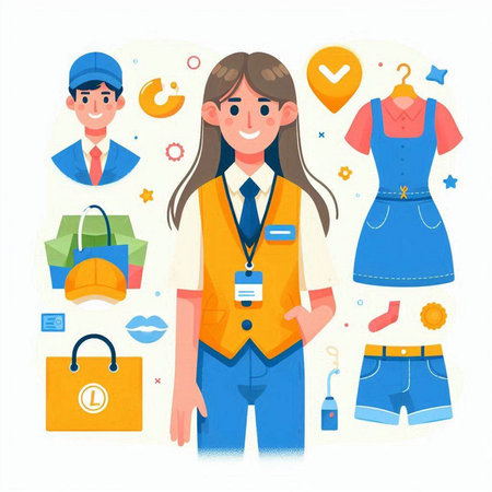 Beautiful girl in uniform with shopping bags. Vector illustration in flat styleのイラスト素材