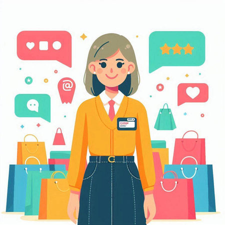 Vector illustration of a woman with shopping bags and social media icons.のイラスト素材