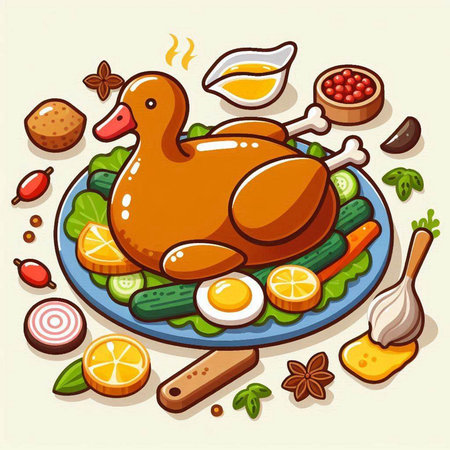 Vector illustration of chicken on a plate with vegetables and spices for cookingのイラスト素材