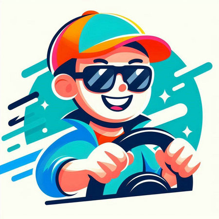 Vector illustration of a young boy driving a car. Cartoon style.のイラスト素材