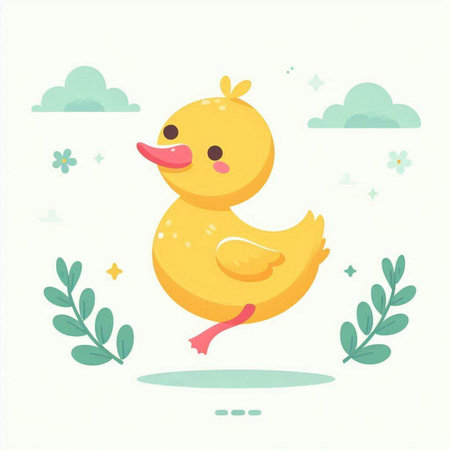 Cute yellow duckling on the background of nature. Vector illustration.のイラスト素材