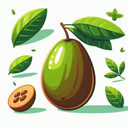 Illustration of a green guava with leaves on a white backgroundのイラスト素材