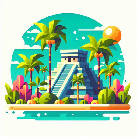 Vector illustration of a summer background with a view of the famous pyramid.のイラスト素材