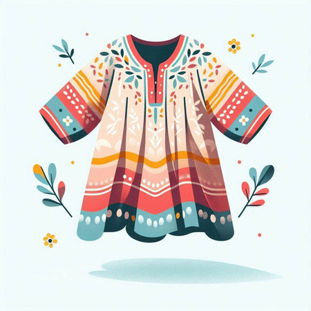 Vector illustration of colorful indian dress with floral pattern and leaves.のイラスト素材