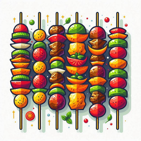 Vector illustration of barbeque skewers with vegetables and fruits on white background.のイラスト素材