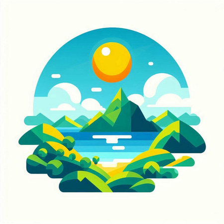 Landscape of mountains and lake in flat style. Vector illustration.のイラスト素材