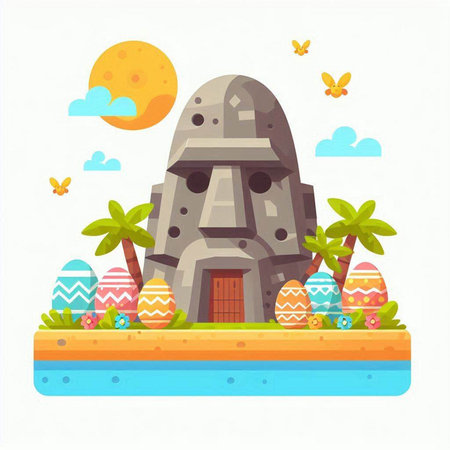 Cave house with decorated eggs on the island. Vector illustration.のイラスト素材