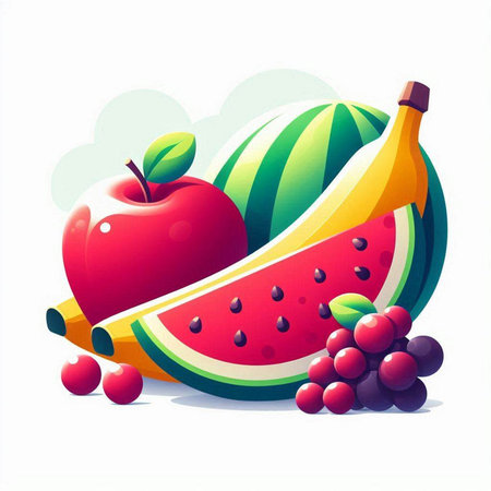 Fruit vector illustration. Apple, watermelon, grape, banana.のイラスト素材