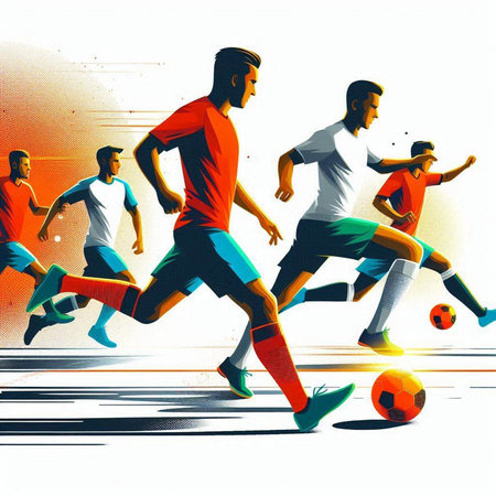 Soccer players in action on the field. Colorful vector illustration.のイラスト素材