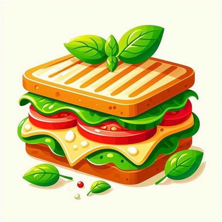 Sandwich with cheese, tomato and cucumber. Vector illustration.のイラスト素材