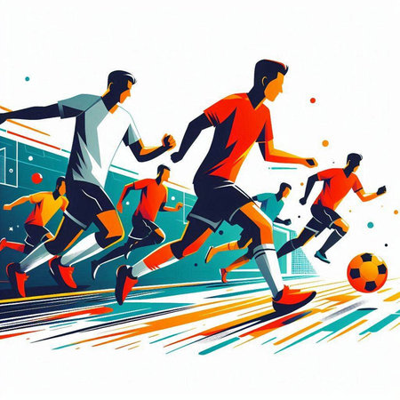 Soccer players in action, vector illustration. Colorful background.のイラスト素材
