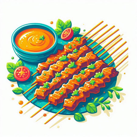 Skewers with sauce on a plate. Vector illustration.のイラスト素材