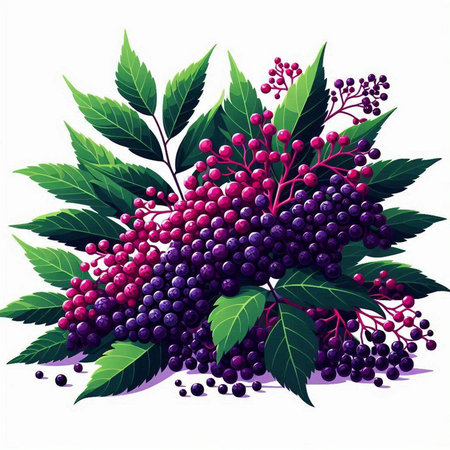 Bunch of elderberry with leaves and berries. Vector illustration.のイラスト素材