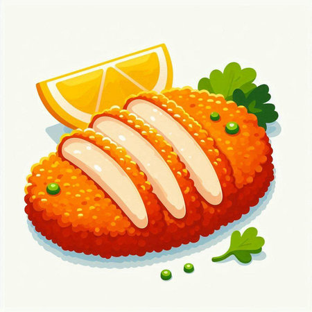 Salmon cutlet with green peas and lemon. Vector illustration.のイラスト素材