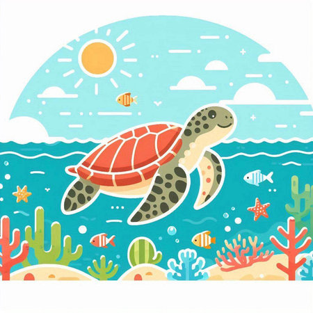 Sea turtle swimming in the ocean. Cute cartoon illustration. Vector.のイラスト素材