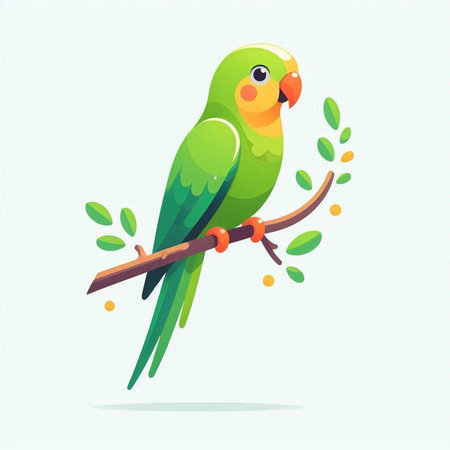 Green parrot on a branch. Vector illustration in cartoon style.のイラスト素材