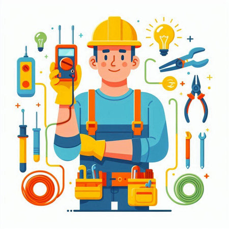 Electrician with tools. Electrician in helmet and overalls. Vector illustrationのイラスト素材