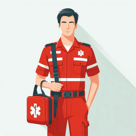 Fireman in red uniform with first aid kit. Vector illustration.のイラスト素材
