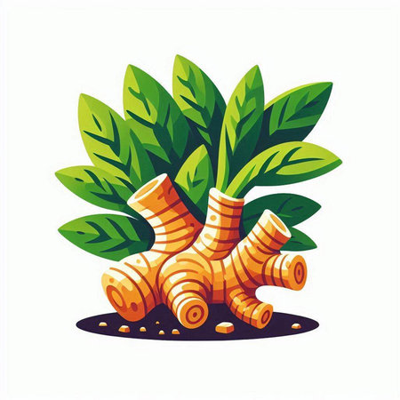 Ginger root and leaves. Vector illustration isolated on white background.のイラスト素材