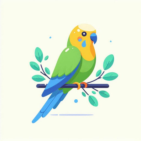 Cute parrot sitting on a branch with green leaves. Vector illustration.のイラスト素材