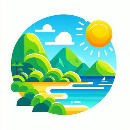Summer landscape with river and mountains. Vector illustration in flat style.のイラスト素材