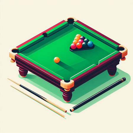 Billiard table with balls and cue. Vector isometric illustration.のイラスト素材