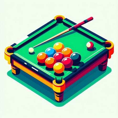 Vector isometric illustration of billiard table with balls and cue.のイラスト素材