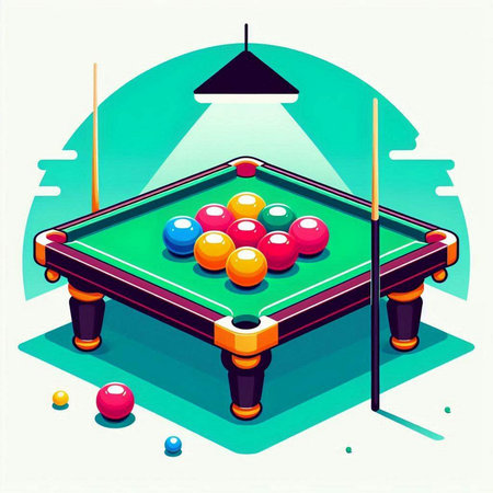 Billiard table with balls and cue. Vector isometric illustration.のイラスト素材