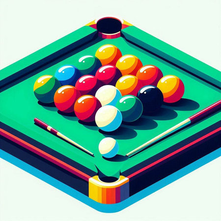 Billiard table with balls and cue. Vector illustration in retro style.のイラスト素材