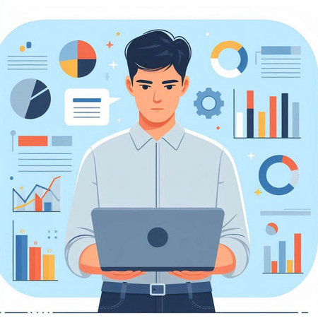 Businessman working on laptop in office. Flat style vector illustration.のイラスト素材